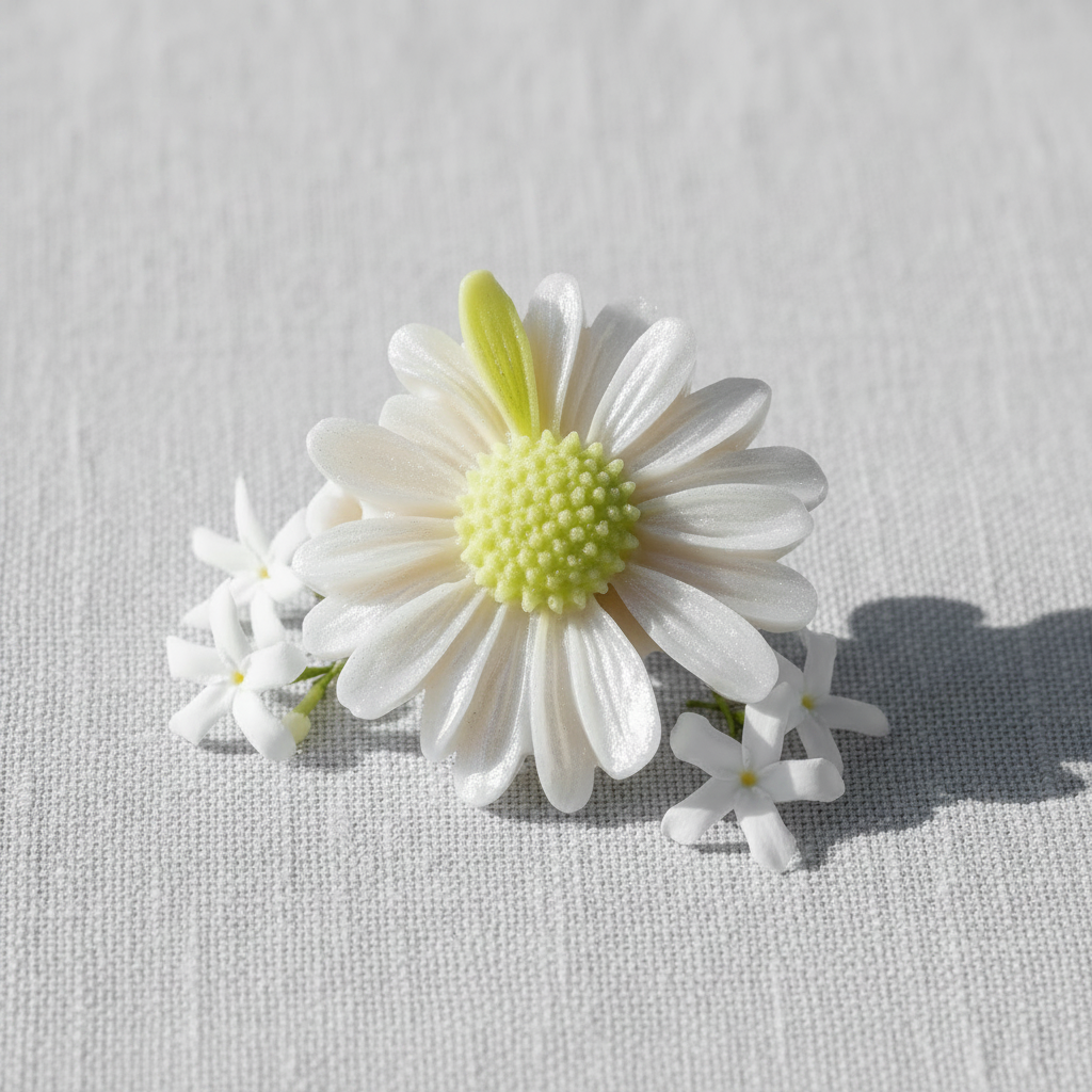 Ambientador artesanal margarita jazmín flat lay florecitas jazmín fondo gris blanco roto