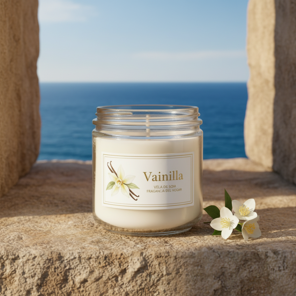 Vela de soja vainilla sin tapa en alféizar mediterráneo con vistas al mar