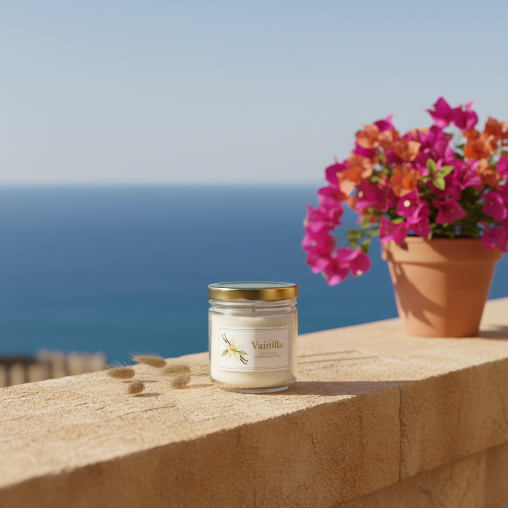 Vela de soja vainilla con tapa dorada en terraza mediterránea con buganvilla y vistas al mar