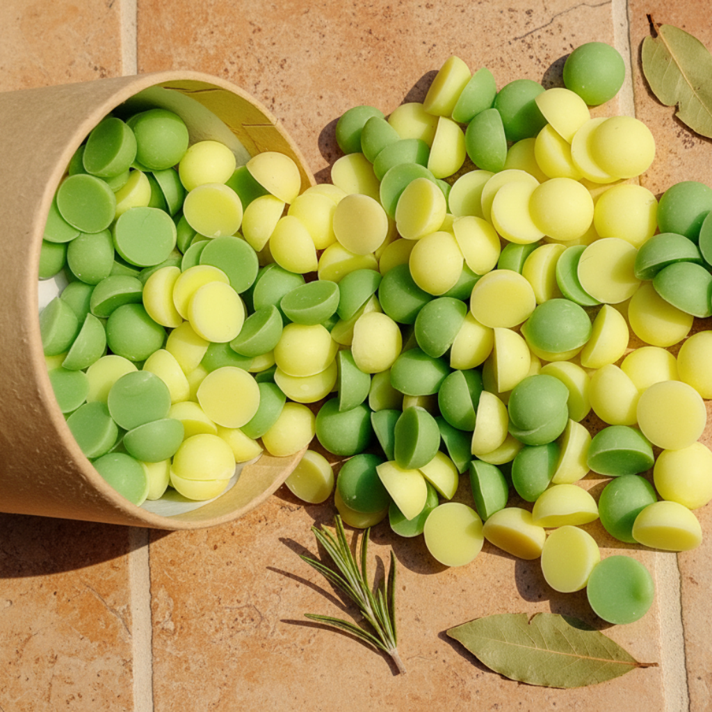 Wax Melts Bergamota con medias perlas amarillo y verde - fondo mediterráneo - Ellie & Soja