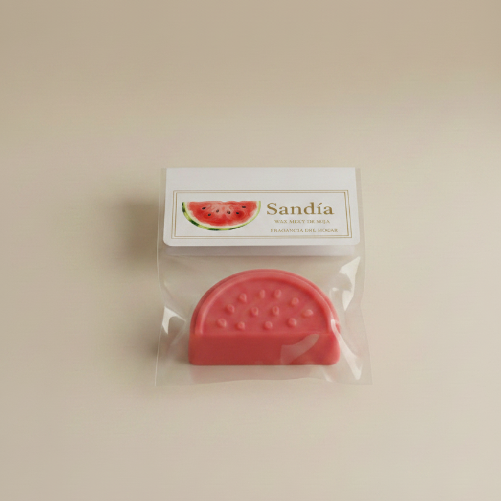 Packaging Wax Melt Sandía · Bolsa de pie con etiqueta